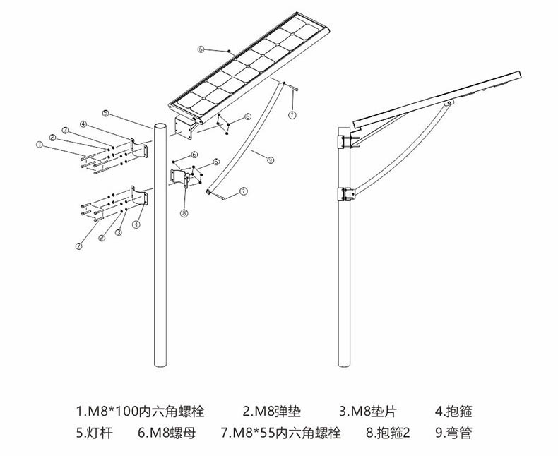 东莞宅男666视频社区照明抱箍式一体化LED太阳能路灯安装示意图