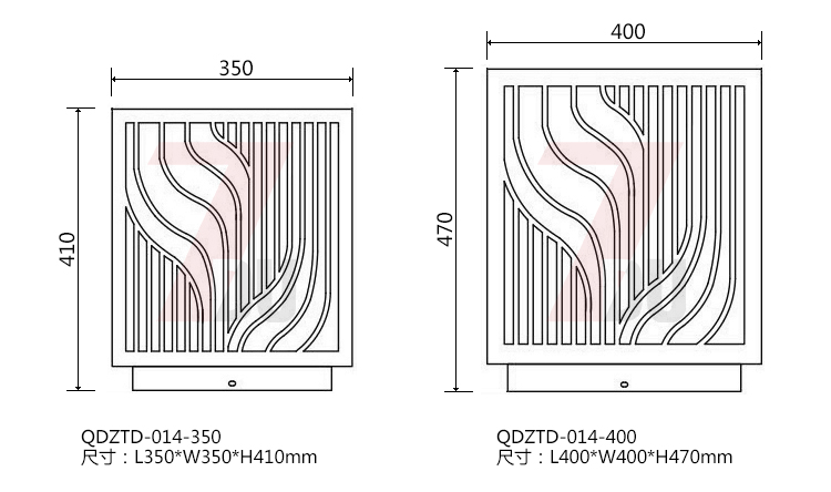 (QDZTD-014)古铜拉丝割花方形矮柱柱头灯350mm、400mm大规格尺寸示意图